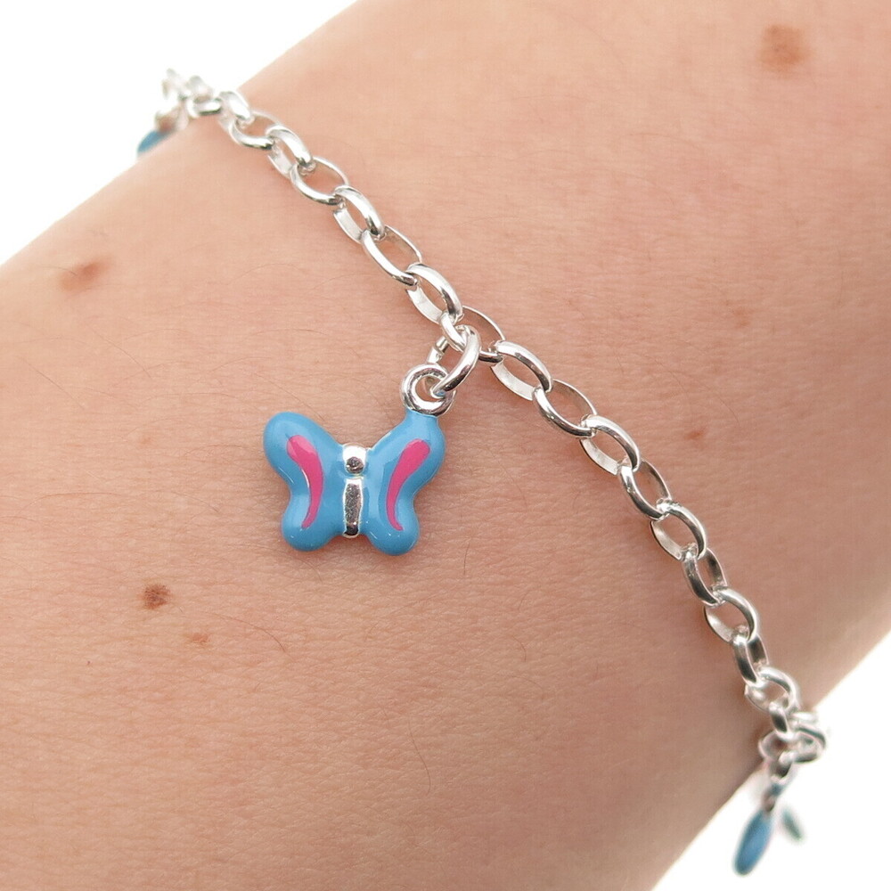 925 Sterling Silver Enamel Butterfly Dangle Charm Oval Link Bracelet 6"